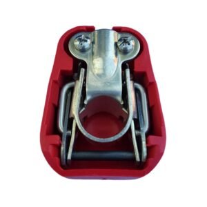 Quick release battery terminal clamp Red color cover to lock on Positive battery pole for bolt on application.