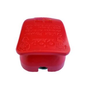 Quick release battery terminal clamp Red color cover to lock on Positive battery pole for bolt on application.