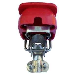 Quick release battery terminal clamp Red color cover to lock on Positive battery pole for bolt on application.
