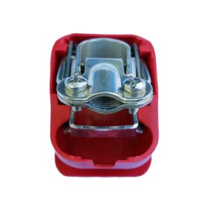 Quick release battery terminal clamp Red color cover to lock on Positive battery pole for bolt on application.