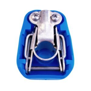 Quick release battery terminal clamp Blue color cover to mount on Negative battery pole for bolt on application.