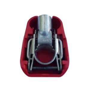 Quick release battery clamp Red color cover for mounting on Positive battery pole for crimp-down application.