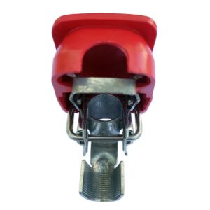 Quick release battery clamp Red color cover for mounting on Positive battery pole for crimp-down application.